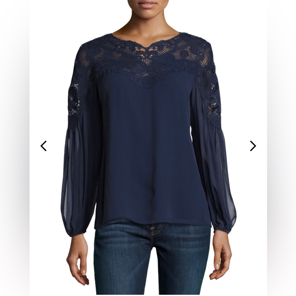 Kobi Halperin Serena Long-Sleeve Lace-Yoke Silk Blouse, Blue, size small